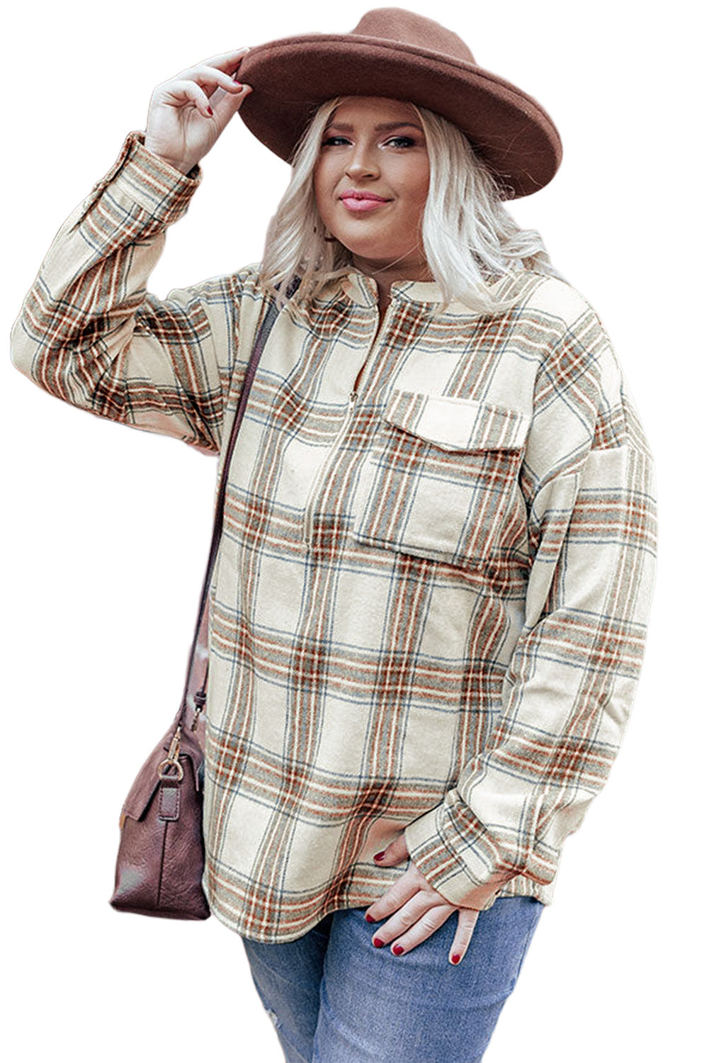 Beige Plaid Print Zip Split Neck Plus Size Sweatshirt