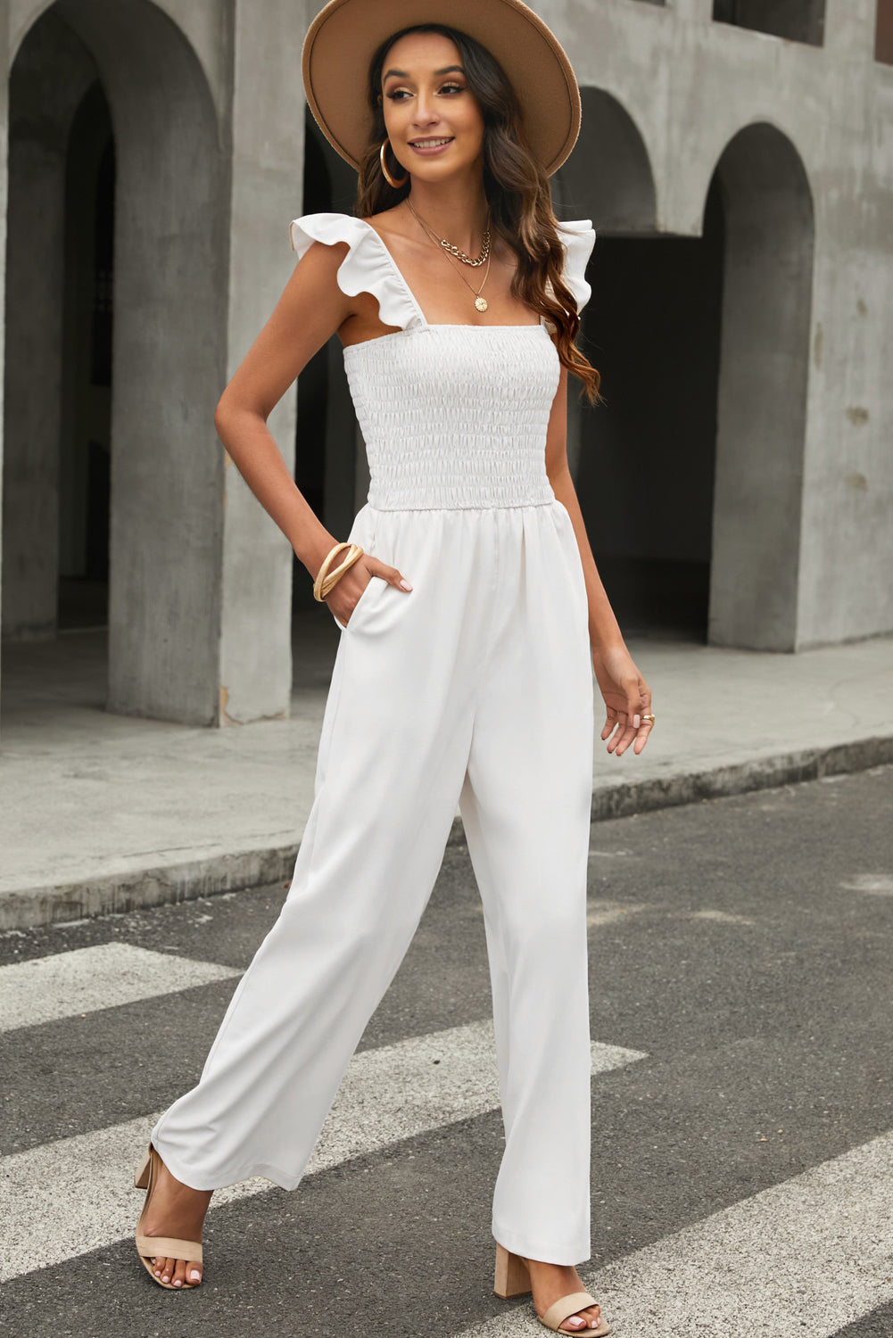 Apricot Smocked Ruffle Strap Pocket Wide Leg Jumpsuit