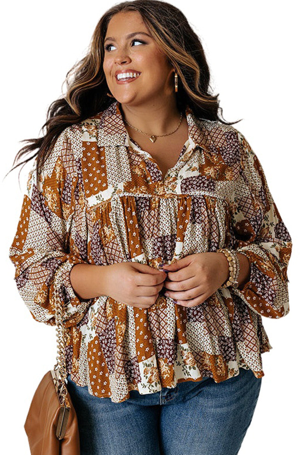 Apricot Mixed Print Turn-down Neck Plus Size Shirt