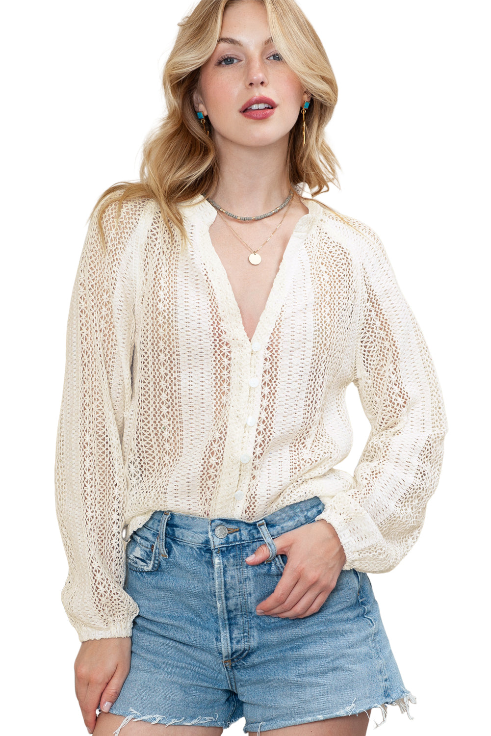 White Notch Neck Button Down Raglan Sleeve Crochet Top