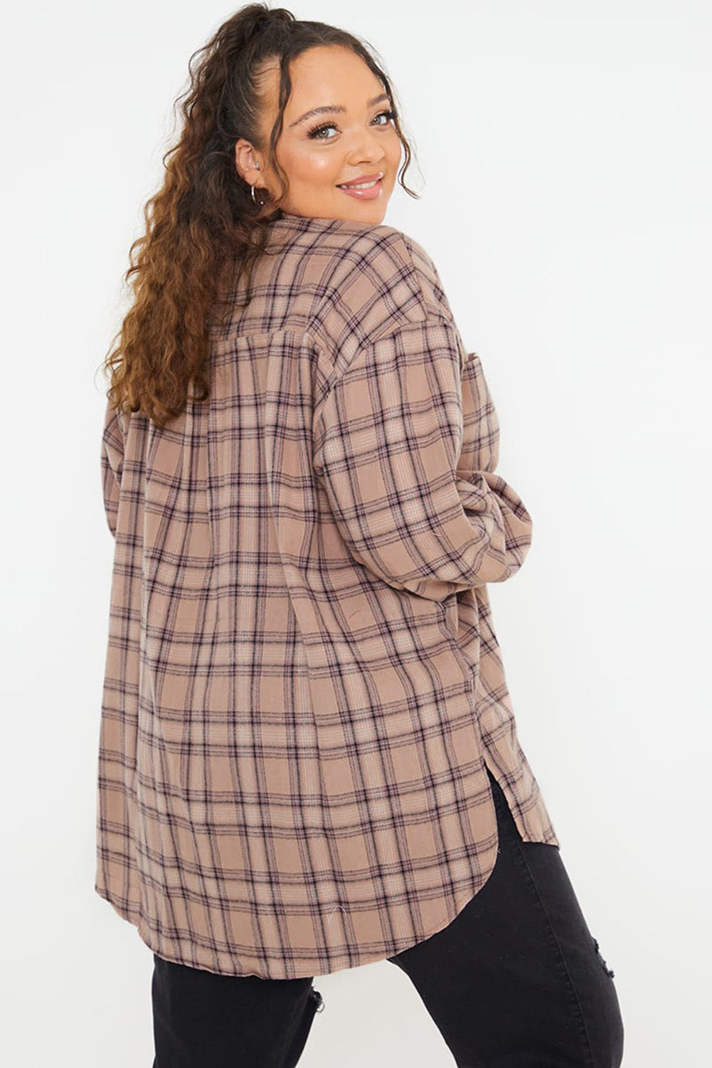 Pink Plus Size Plaid Print Buttoned Oversized Tunic Shirt