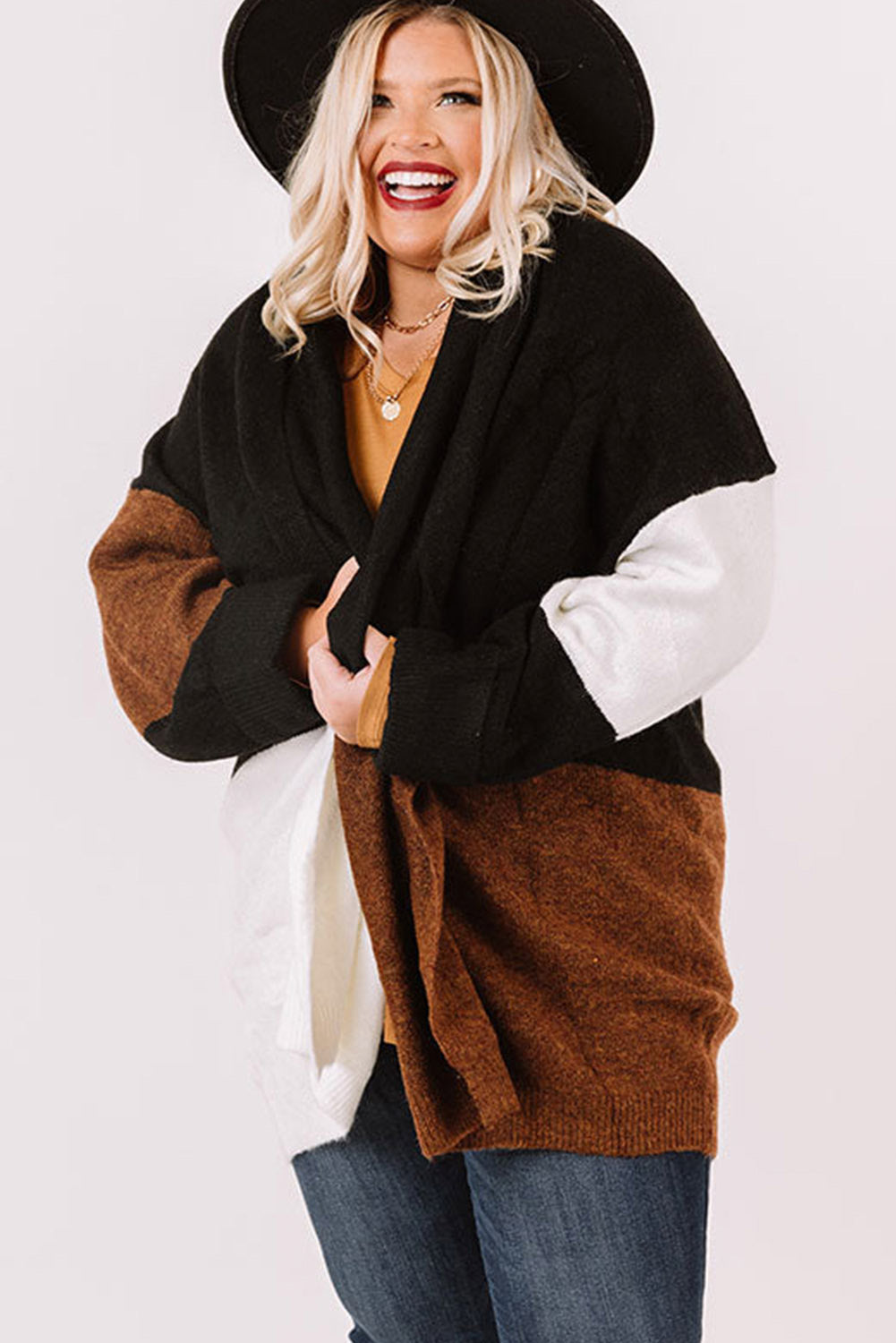 Brown Color Block Plus Size Open Front Cardigan