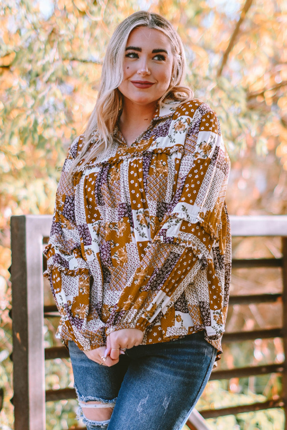 Apricot Mixed Print Turn-down Neck Plus Size Shirt