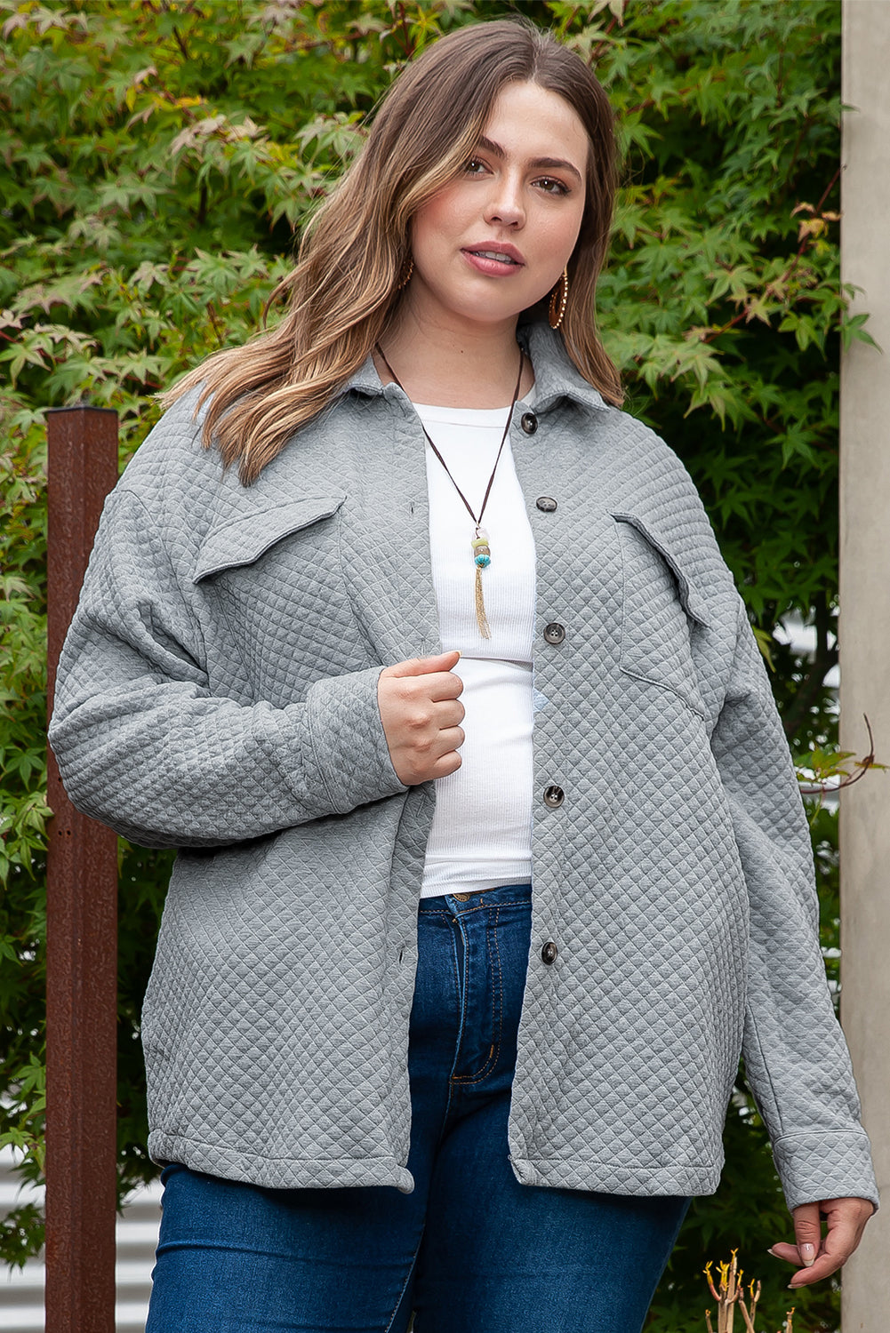 Gray Plus Size Pocketed Quilted Shacket