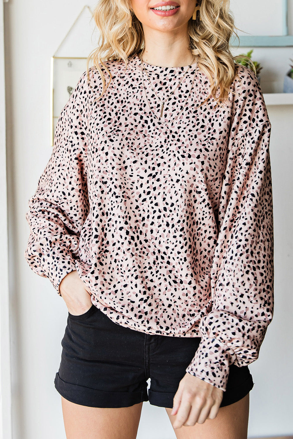 Cheetah Print Crew Neck Bishop Sleeve Sweatshirt