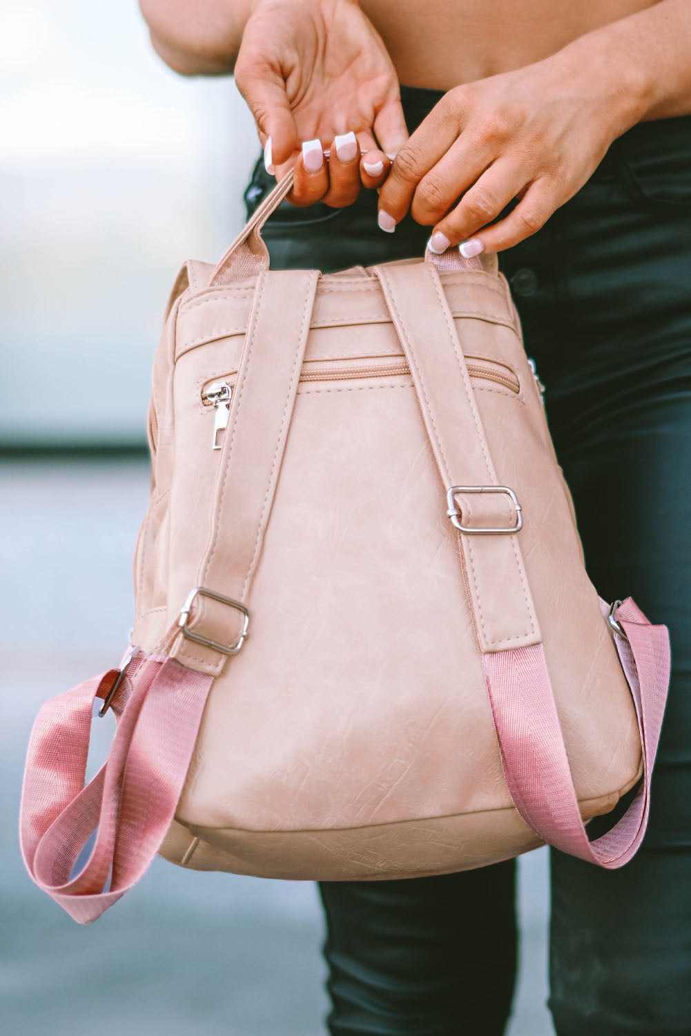 Pink Casual Multifunctional Flap Faux Leather Backpack