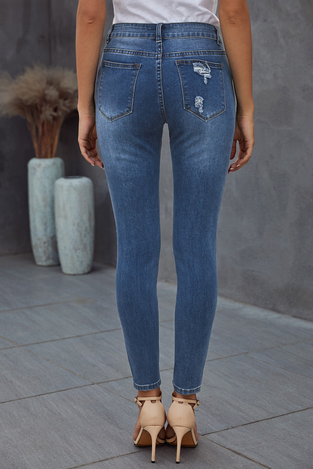 Blue Hollow Out Vintage Skinny Ripped Jeans