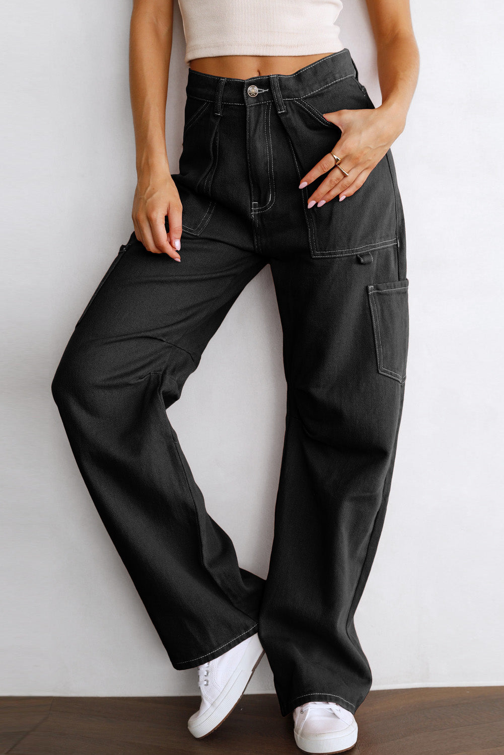 Black Denim Straight Leg High Waisted Cargo Pants