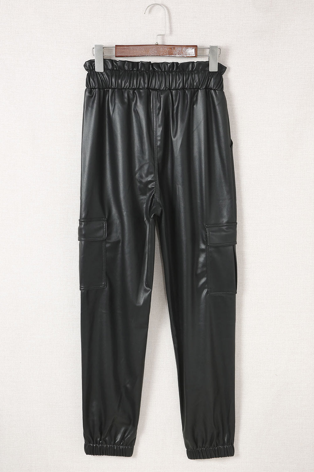 Black Faux Leather Pants High Waisted Cargo Joggers for Women