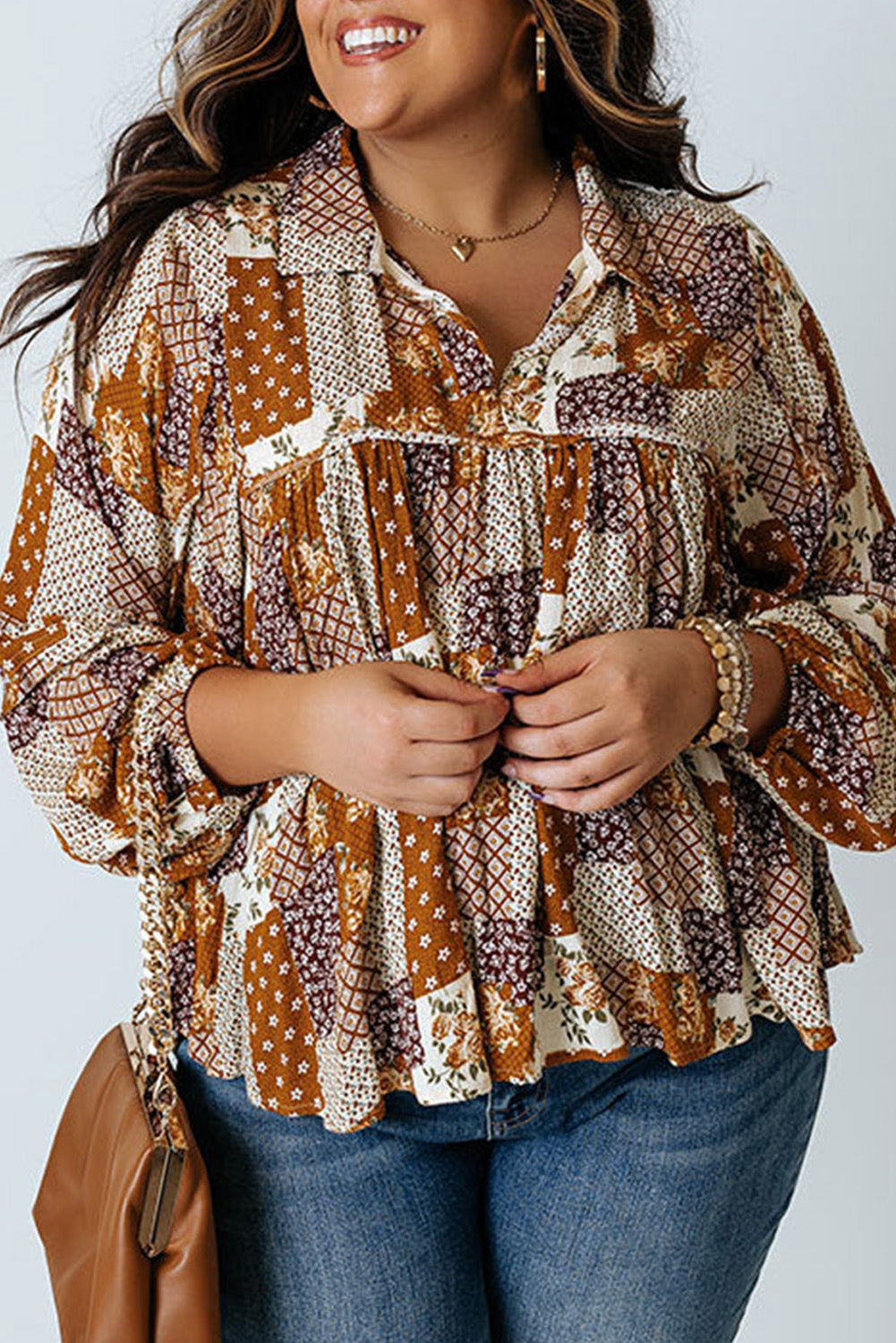 Apricot Mixed Print Turn-down Neck Plus Size Shirt