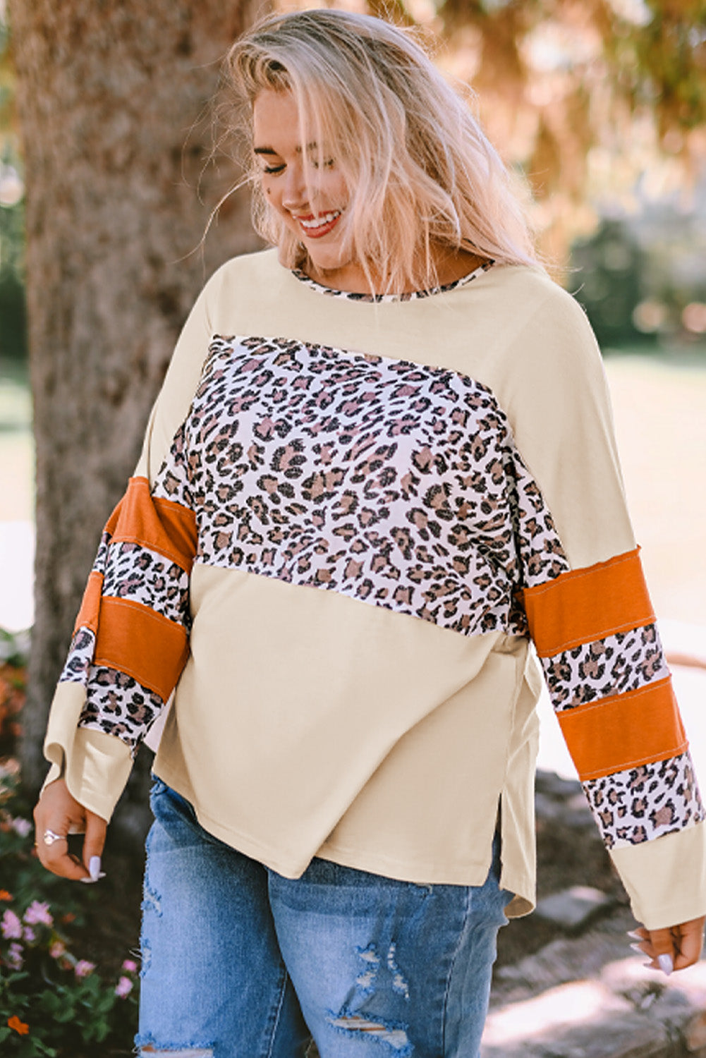 Apricot Leopard Print Color Block Patchwork Plus Size Top