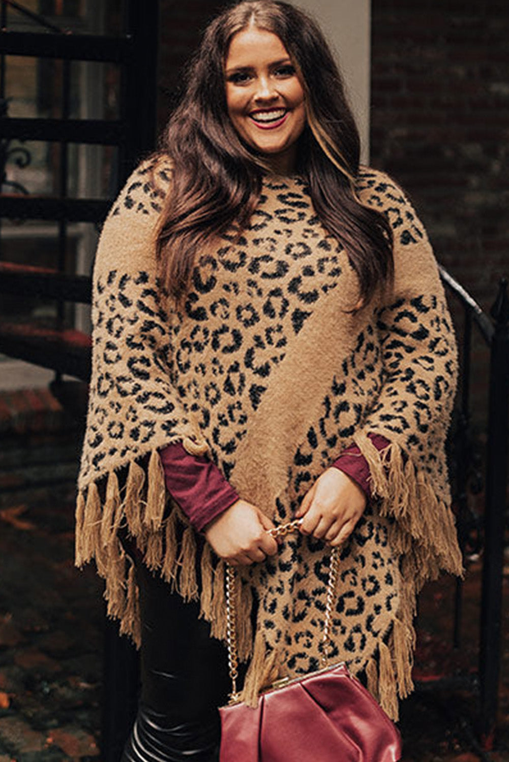 Leopard Plus Size Tasseled Hem Draped Poncho