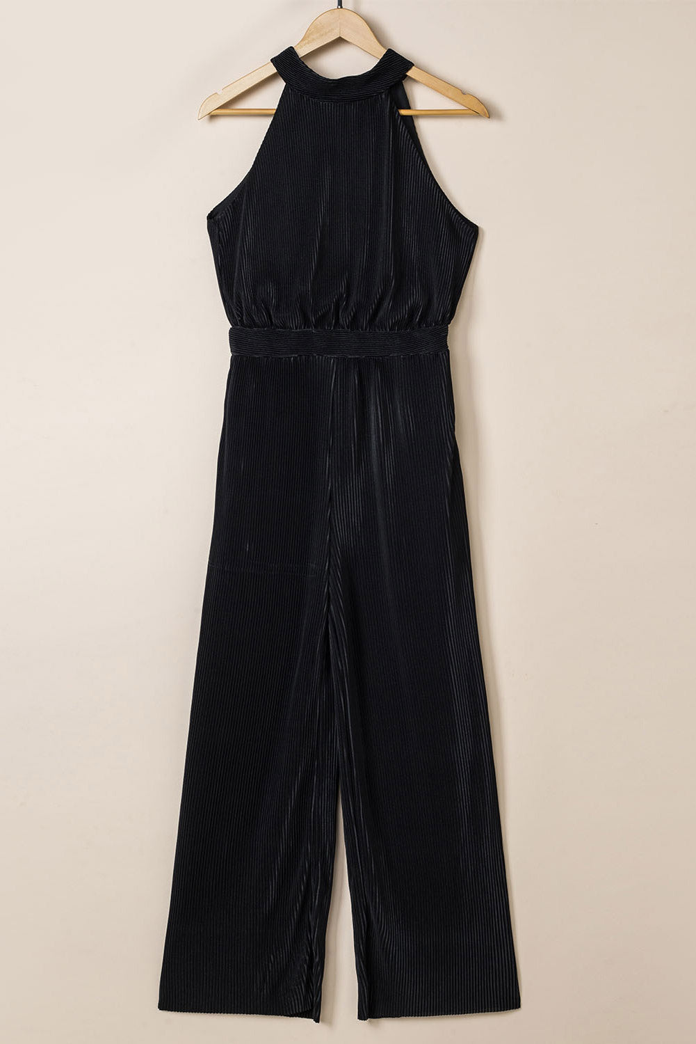 Black Button Halter Neck Keyhole Back Ribbed Jumpsuit