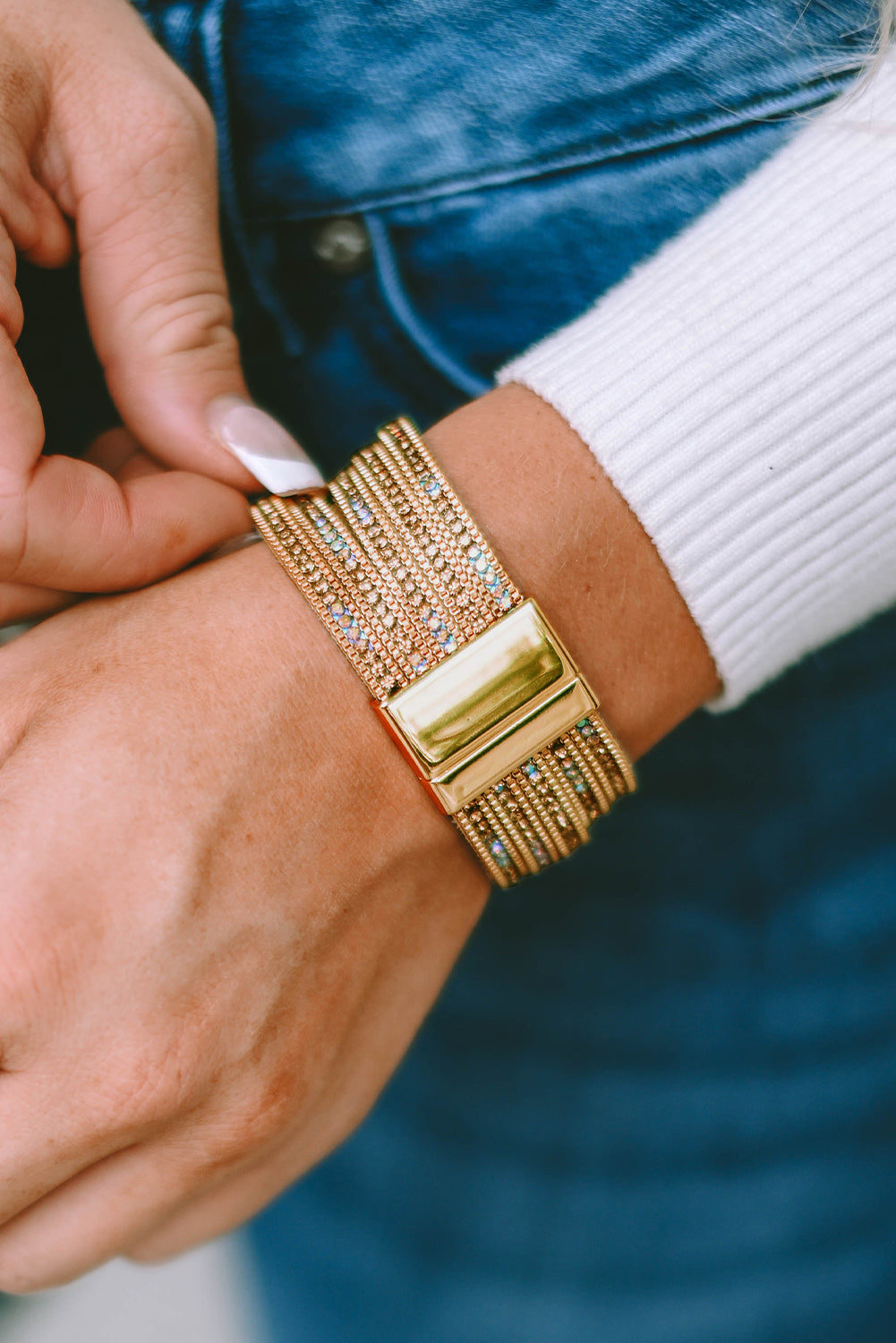 Gold Full Diamond Leather Wide Magnetic Buckle Bracelet