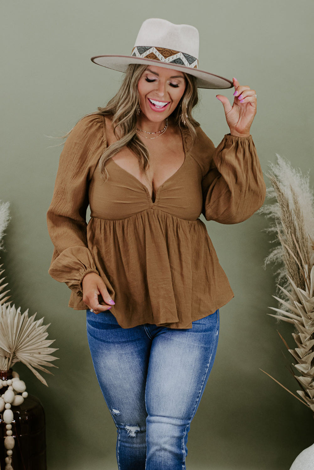 Khaki V-Neck Long Sleeve Shirred Peplum Plus Size Blouse