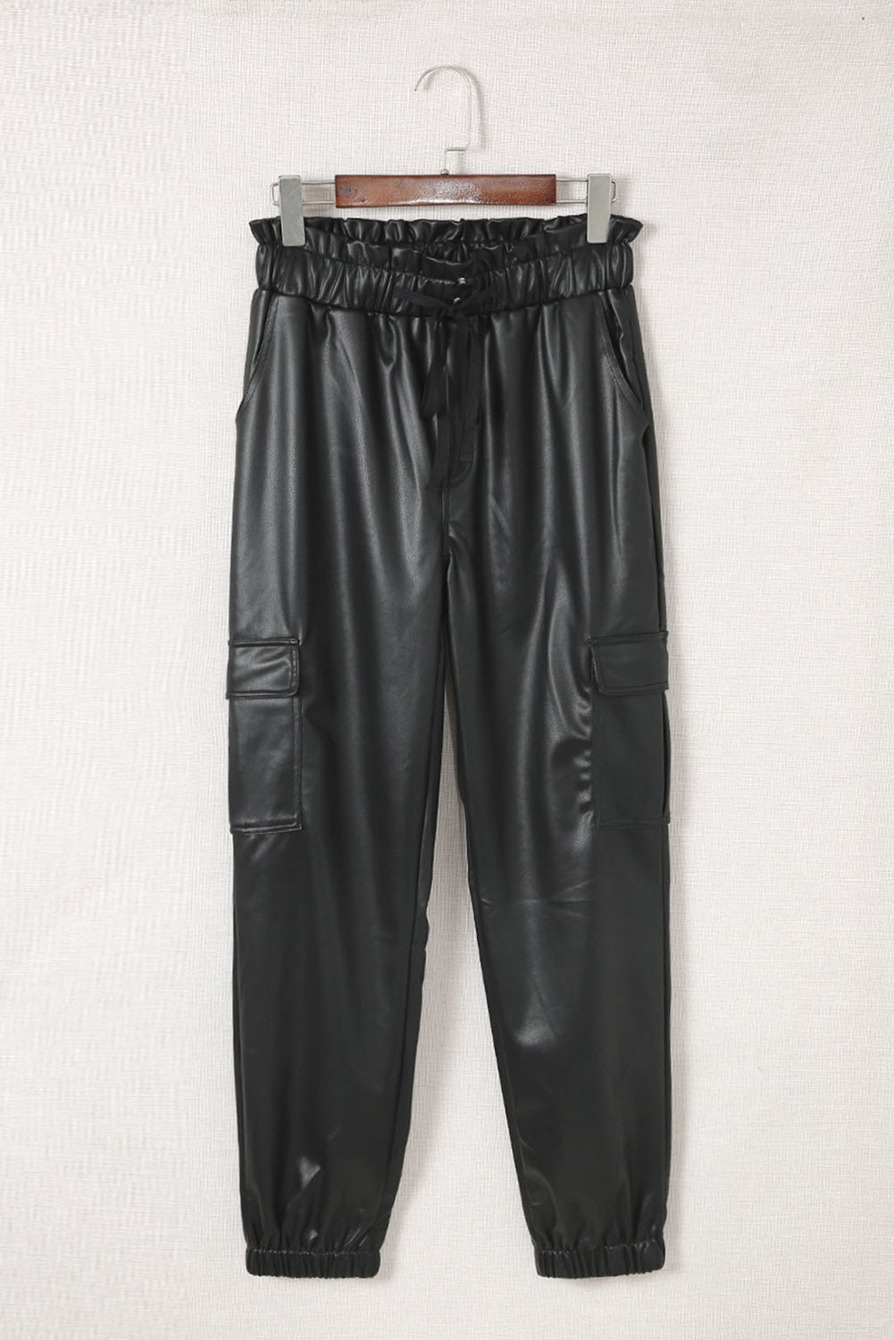 Black Faux Leather Pants High Waisted Cargo Joggers for Women