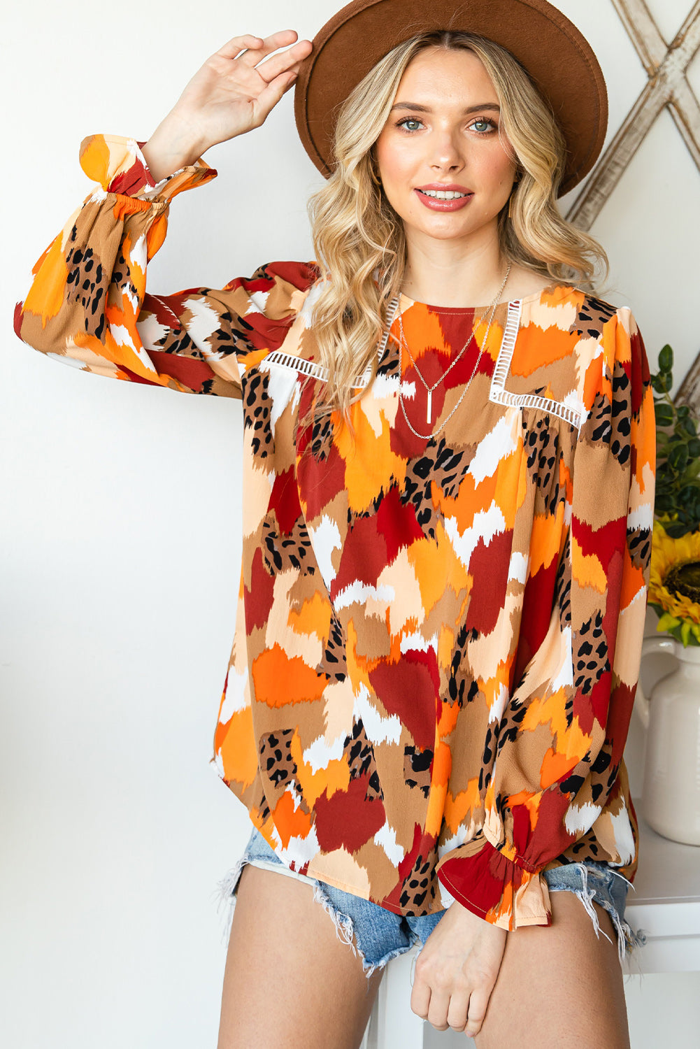 Multicolor Abstract Print Boho Ruffle Long Sleeve Blouse