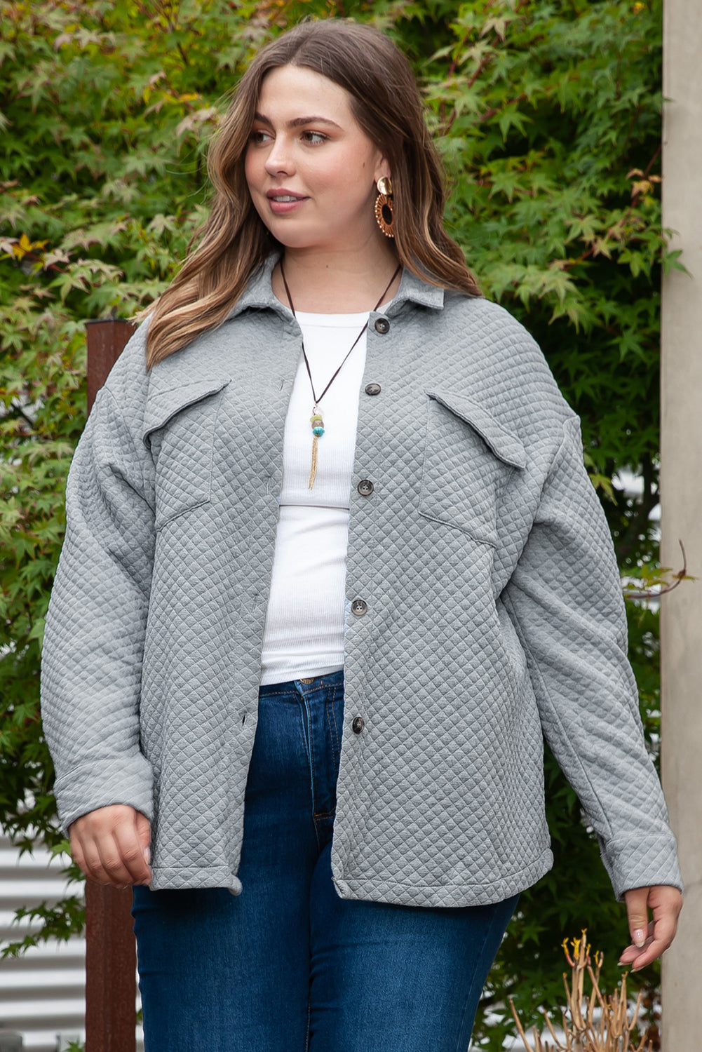 Gray Plus Size Pocketed Quilted Shacket