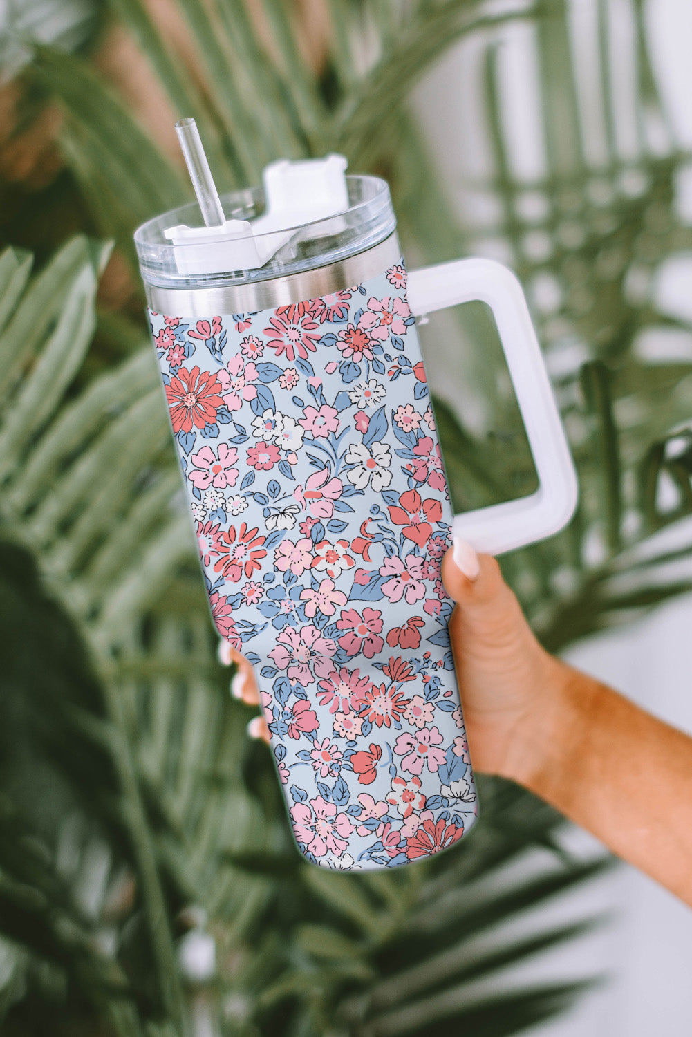 Multicolour Floral Print Handled Stainless Tumbler with Straw