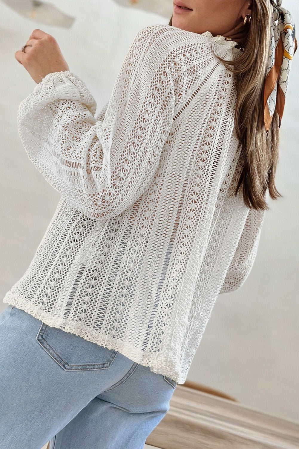 White Notch Neck Button Down Raglan Sleeve Crochet Top