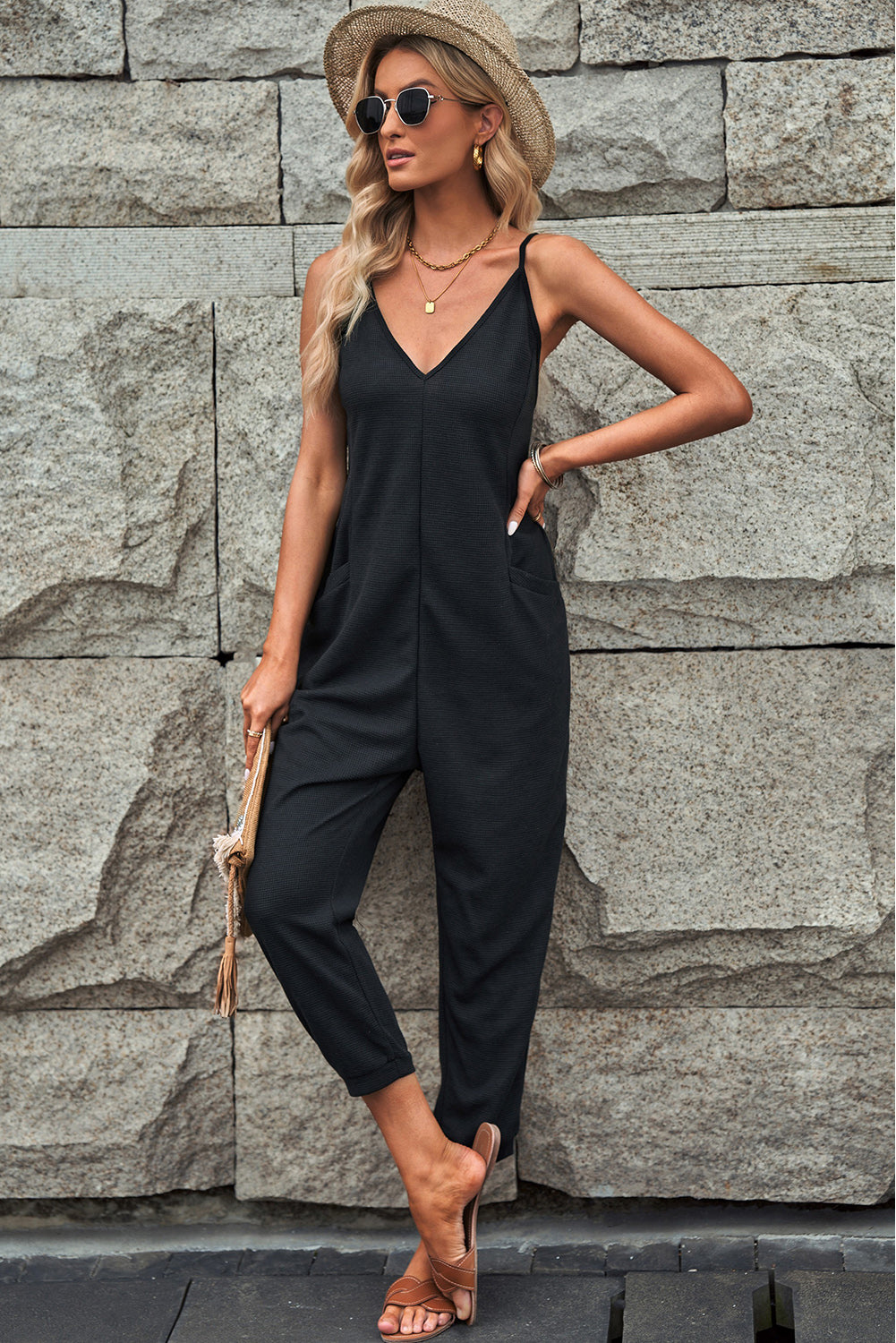 Gray Casual Textured Sleeveless V-Neck Pocketed Jumpsuit