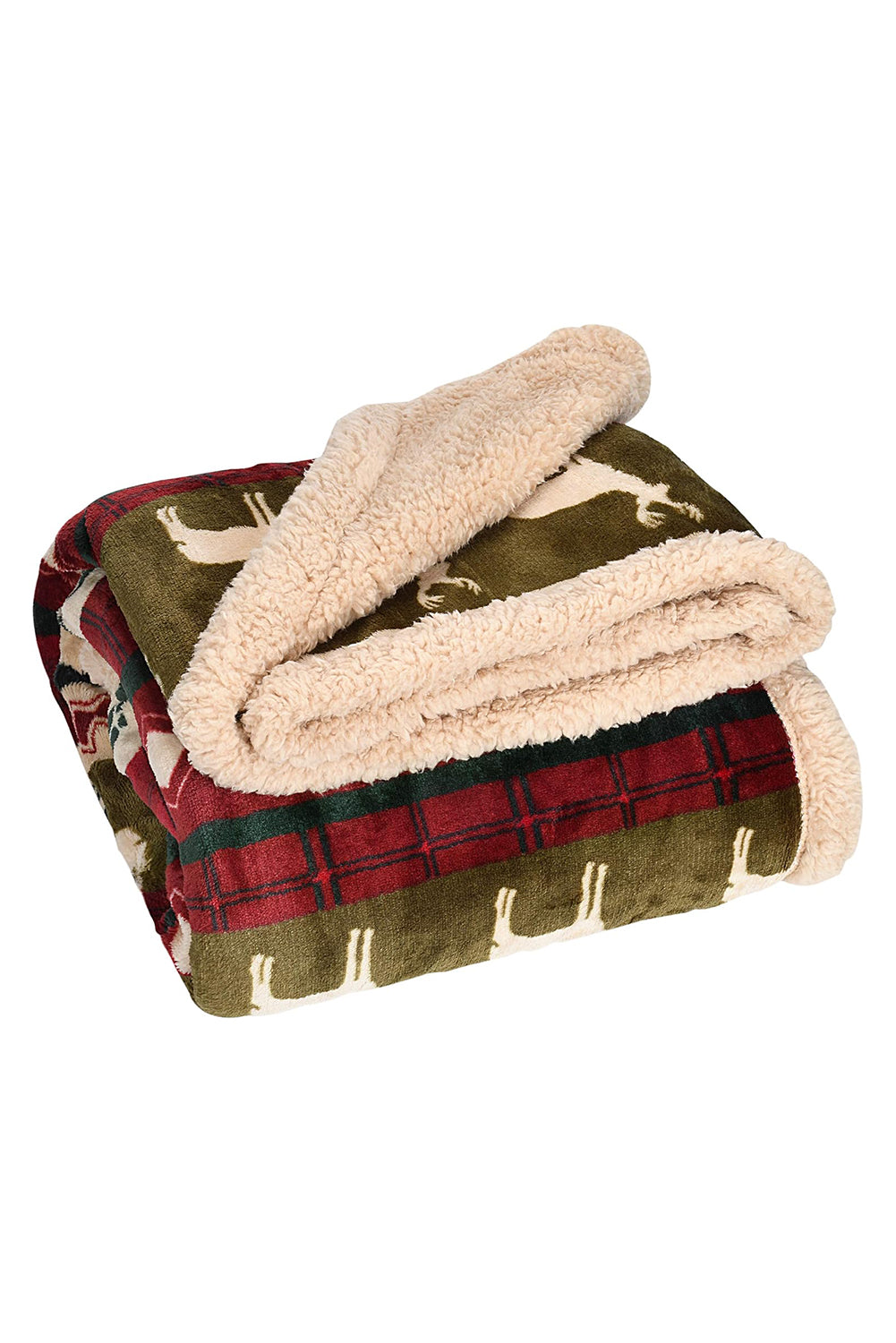 Red Christmas Elk Print Reversible Sherpa Fleece Blanket