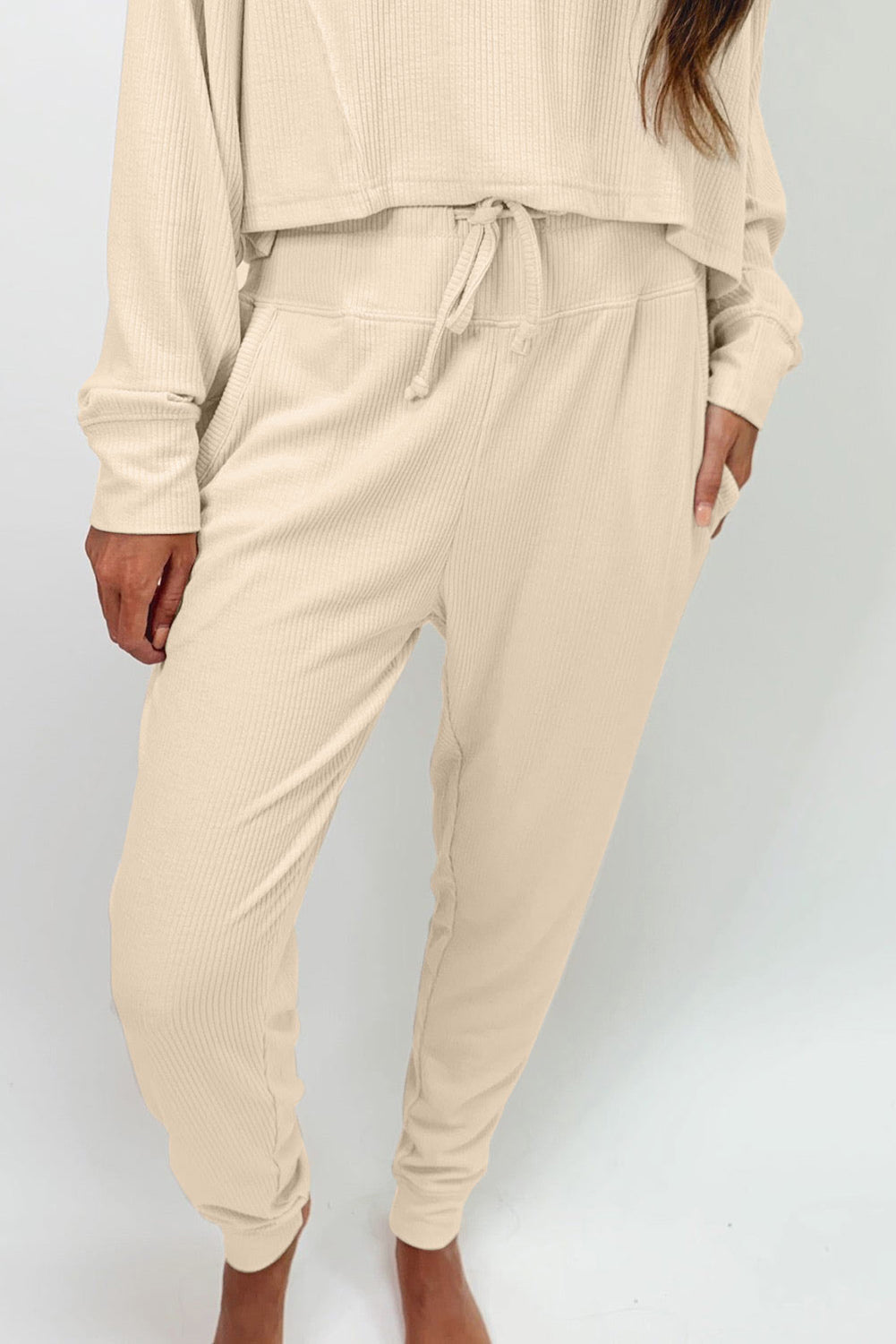 Apricot Ribbed Long Sleeve Top and Drawstring Pants Two Piece Set