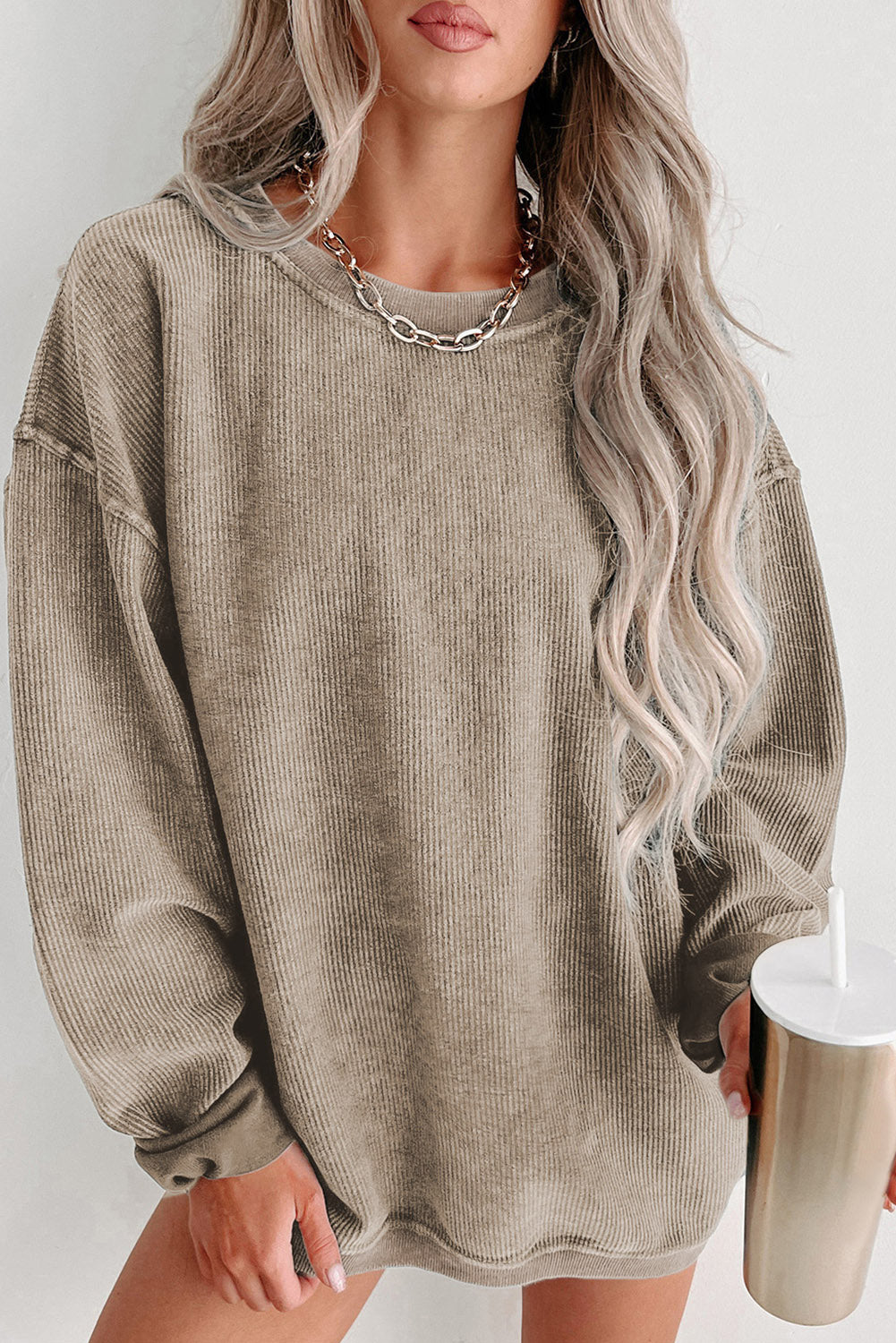 Khaki Solid Ribbed Round Neck Pullover Sweatshirt