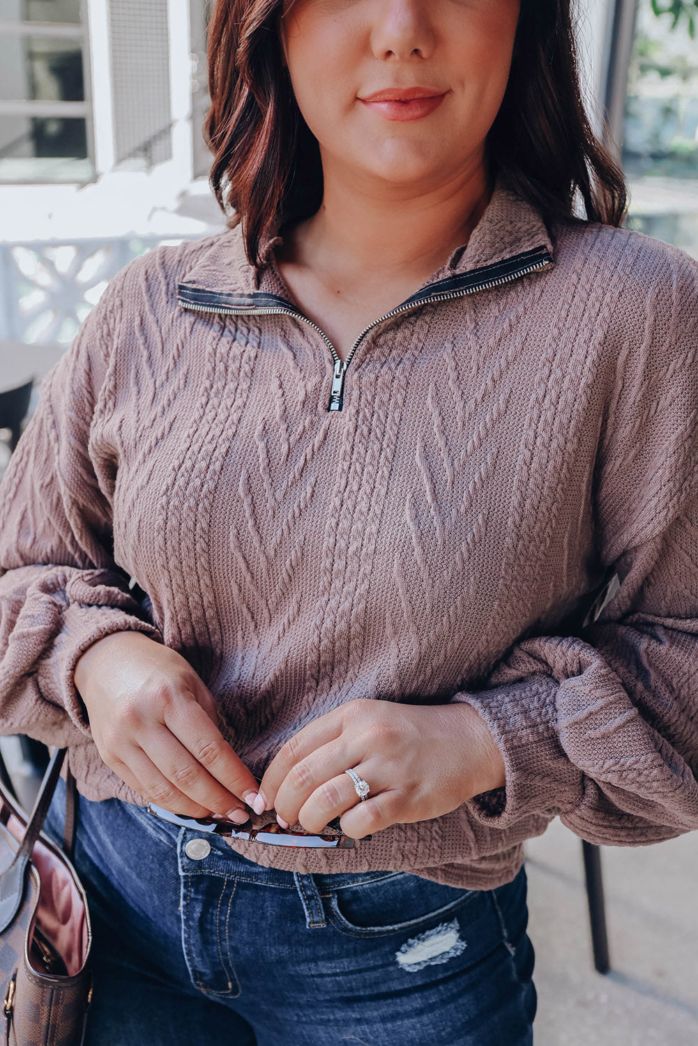 Brown Plus Size Textured Knit Zip Neck Pullover Top