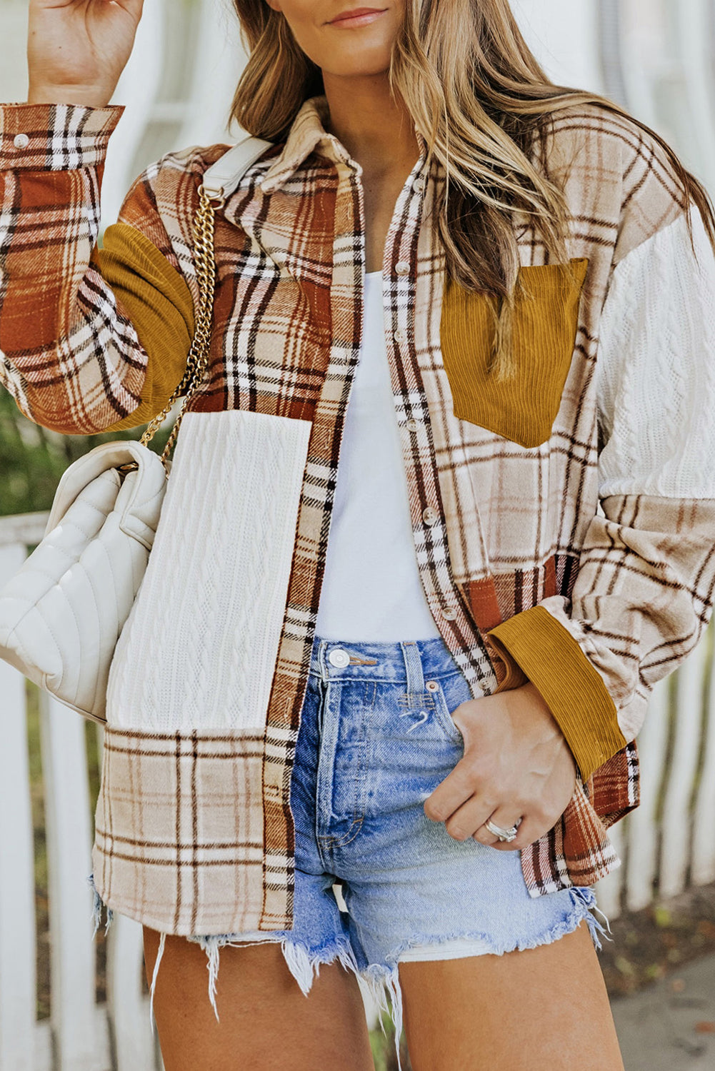 Gold Brick Plus Size Plaid Patchwork Button Up Shacket