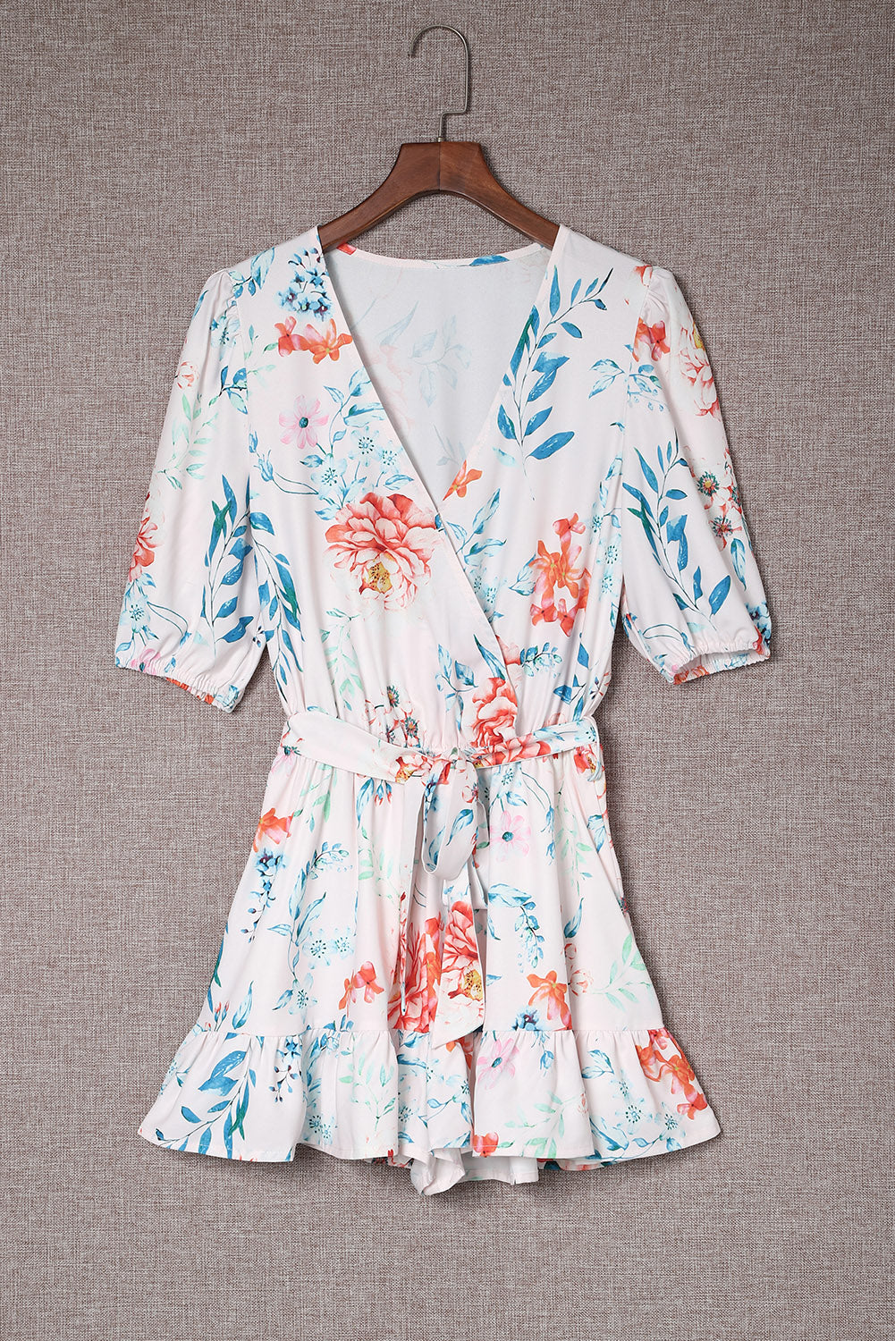 White Floral Print Puff Sleeves Belted Romper