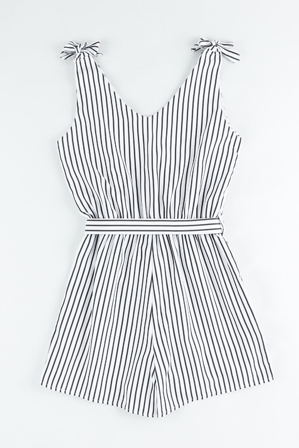 White Striped Print V Neck Sleeveless Belted Romper