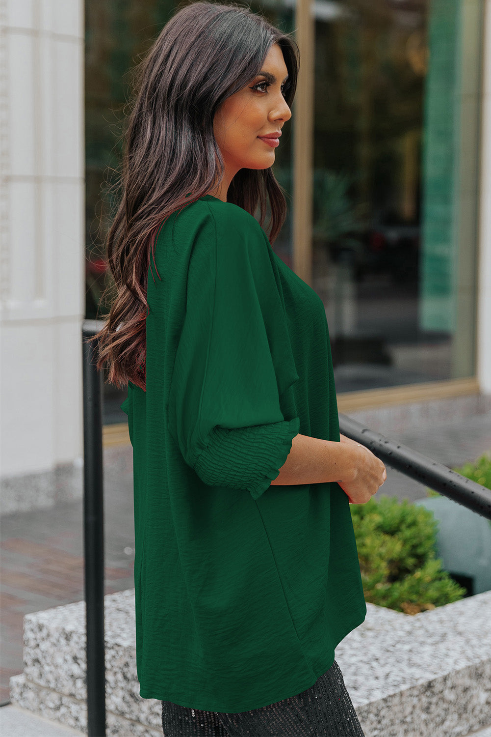 Green Casual Shirred Cuffs Half Sleeve Top