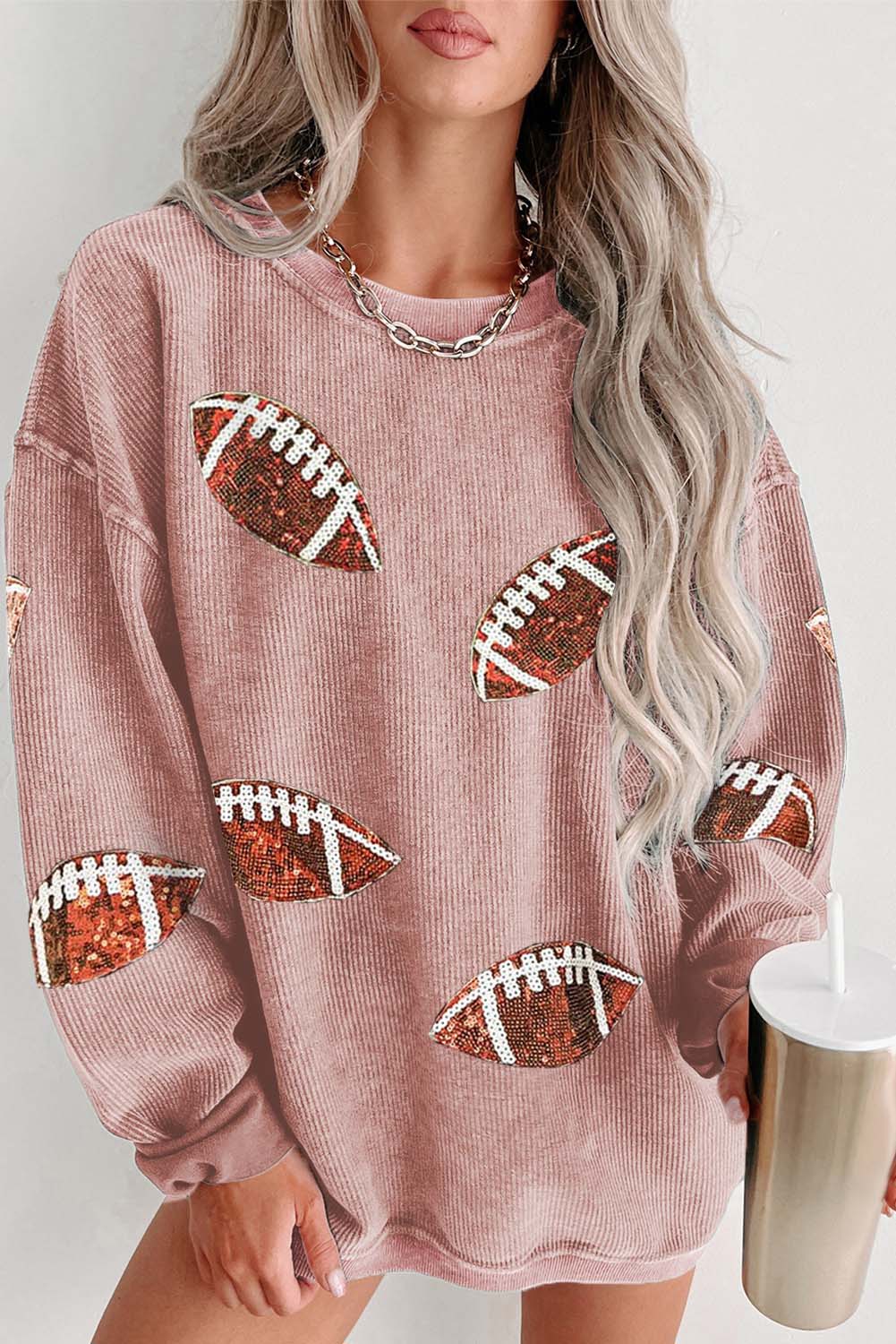 Gray Sequin Rugby Graphic Corded Baggy Sweatshirt