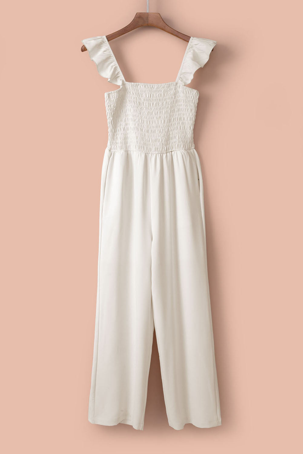 Apricot Smocked Ruffle Strap Pocket Wide Leg Jumpsuit