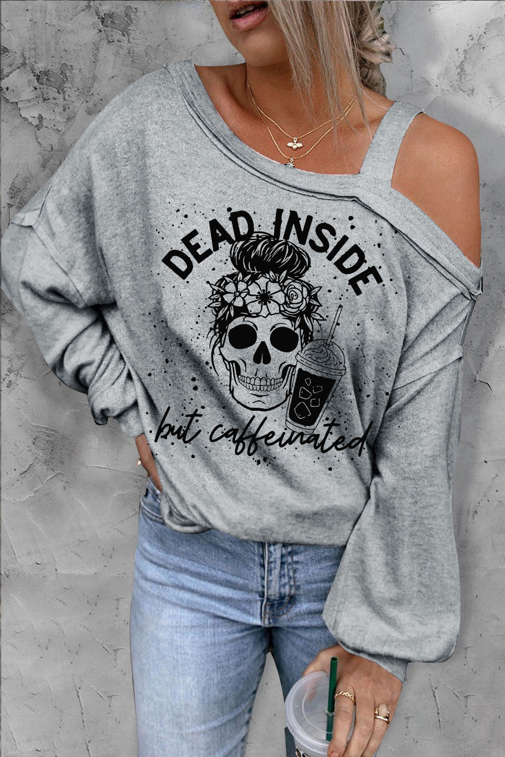 Grey Casual Letter Skull Long Sleeve Graphic Tee