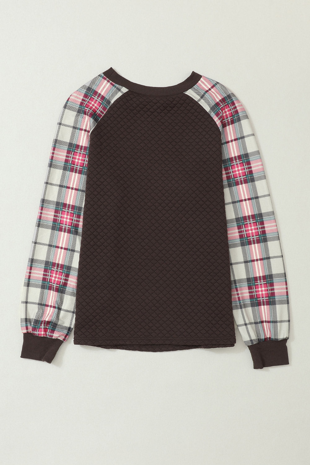 Brown Plaid Print Waffle Quilted Raglan Sleeve Sweatshirt