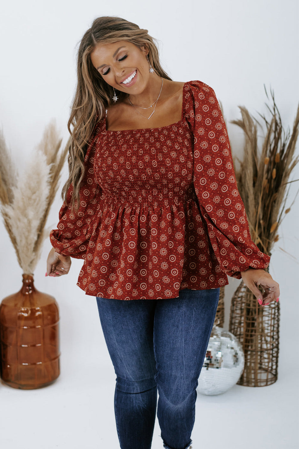 Red Plus Size Shirred Square Neck Printed Peplum Top