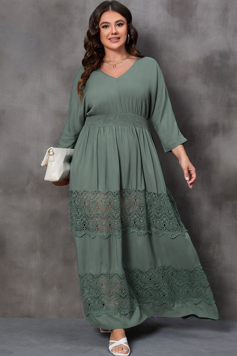 Mist Green Plus Size 3/4 Sleeve Smocked Lace Decor Maxi Dress