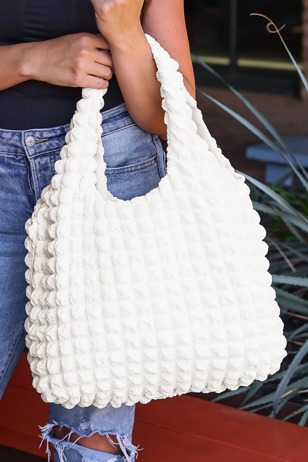 White Textured Pleated Bubble Shoulder Bag