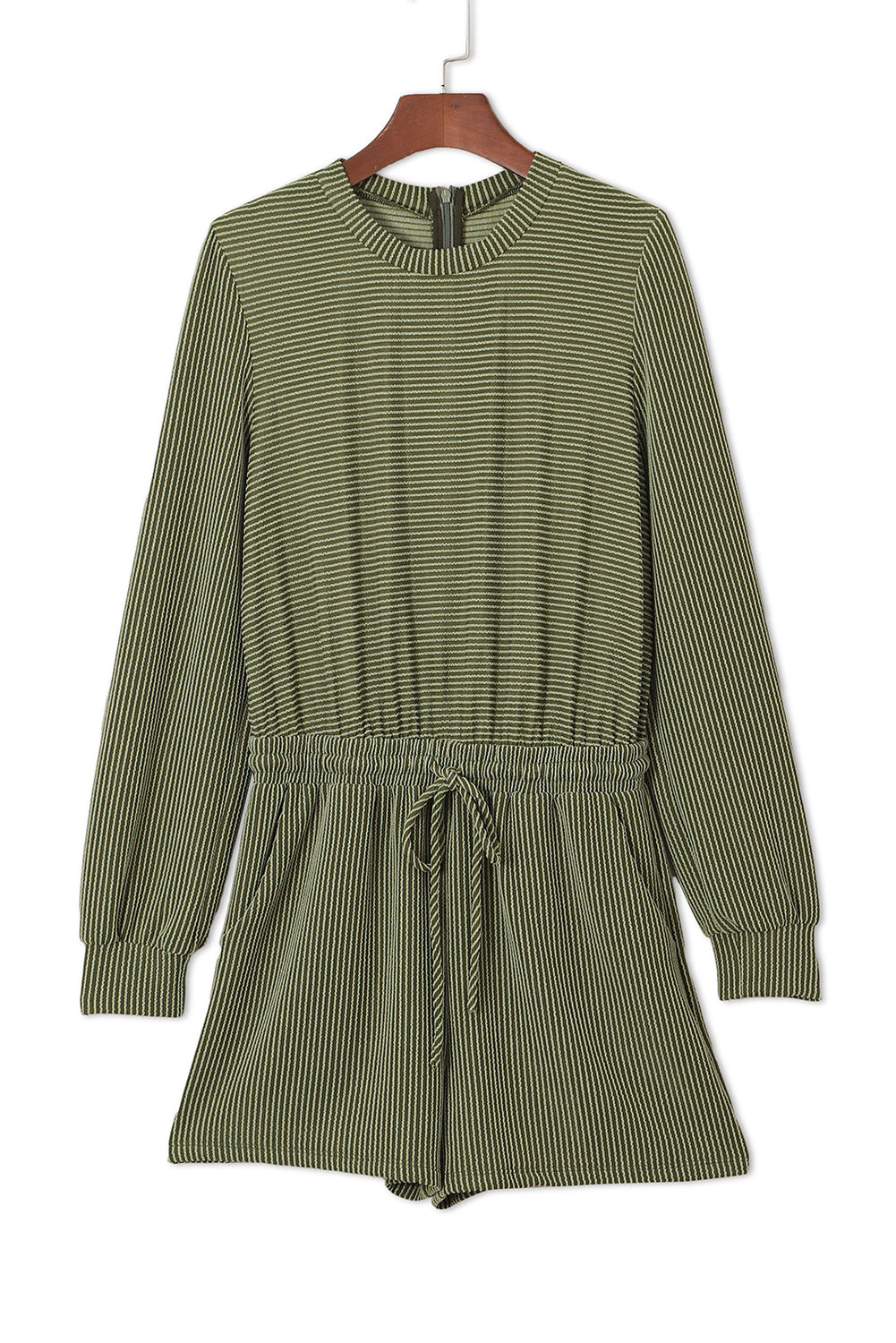 Pickle Green Corded Long Sleeve Pockets Drawstring Romper