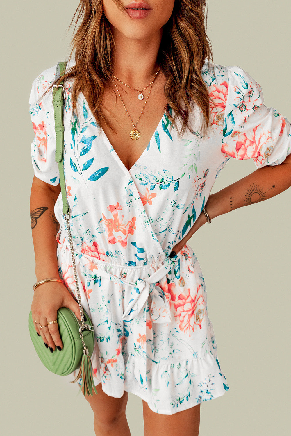 White Floral Print Puff Sleeves Belted Romper