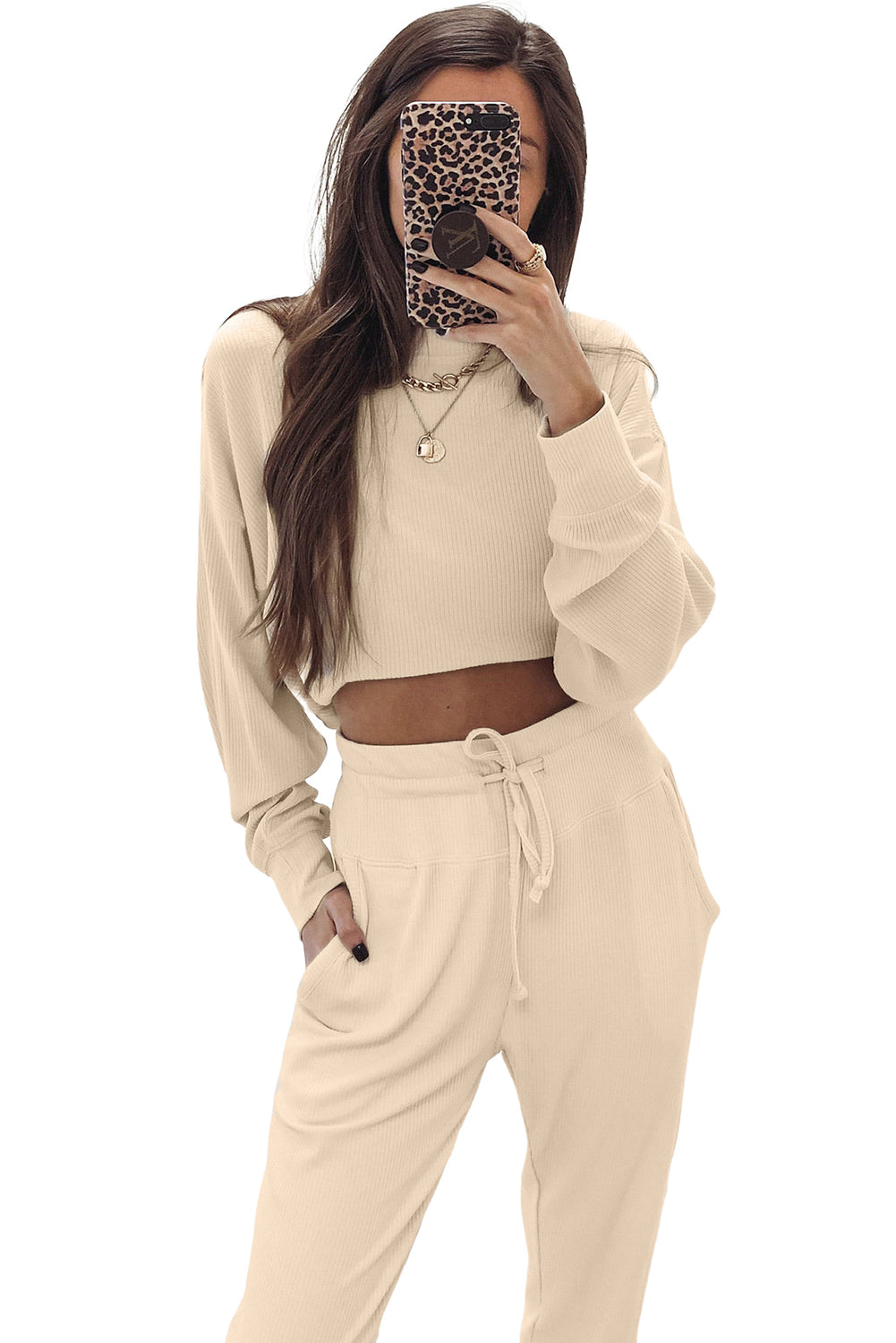 Apricot Ribbed Long Sleeve Top and Drawstring Pants Two Piece Set