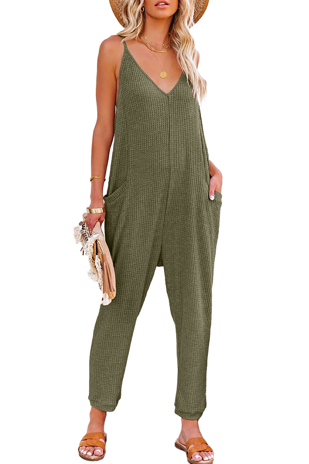 Gray Casual Textured Sleeveless V-Neck Pocketed Jumpsuit