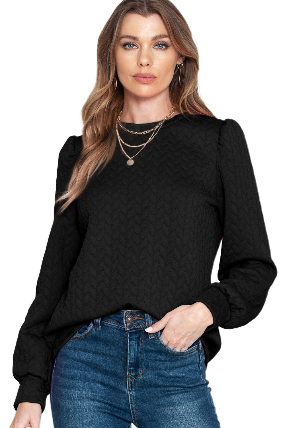 Black Waffle Quilted Puff Sleeve Sweatshirt