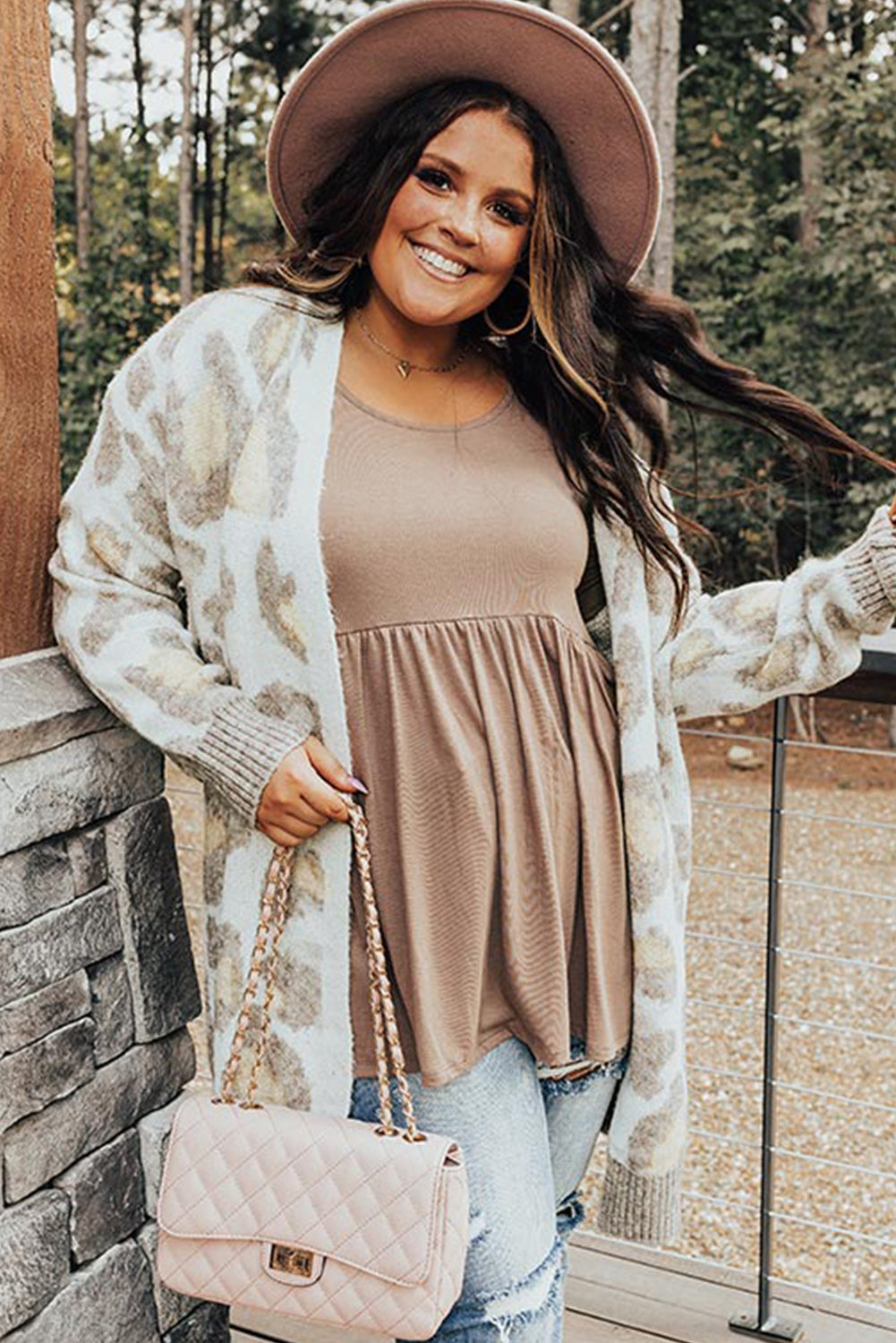 Beige Leopard Pattern Plus Size Long Cardigan