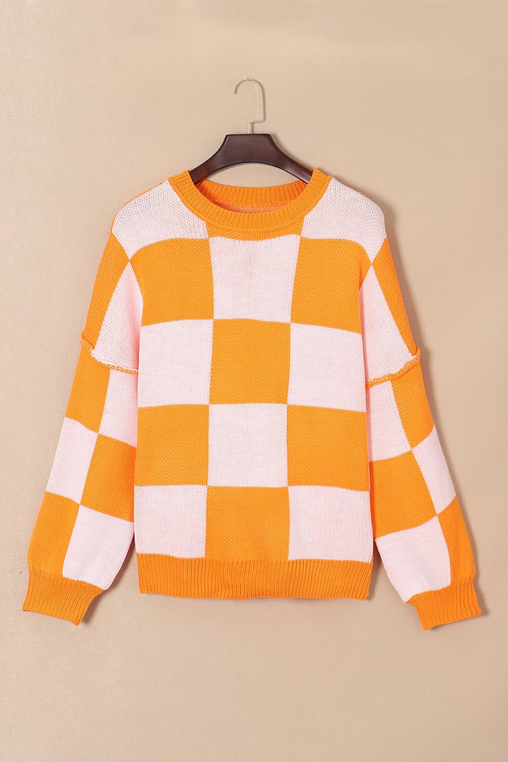 Pink Checked Bishop Sleeve Pullover Sweater