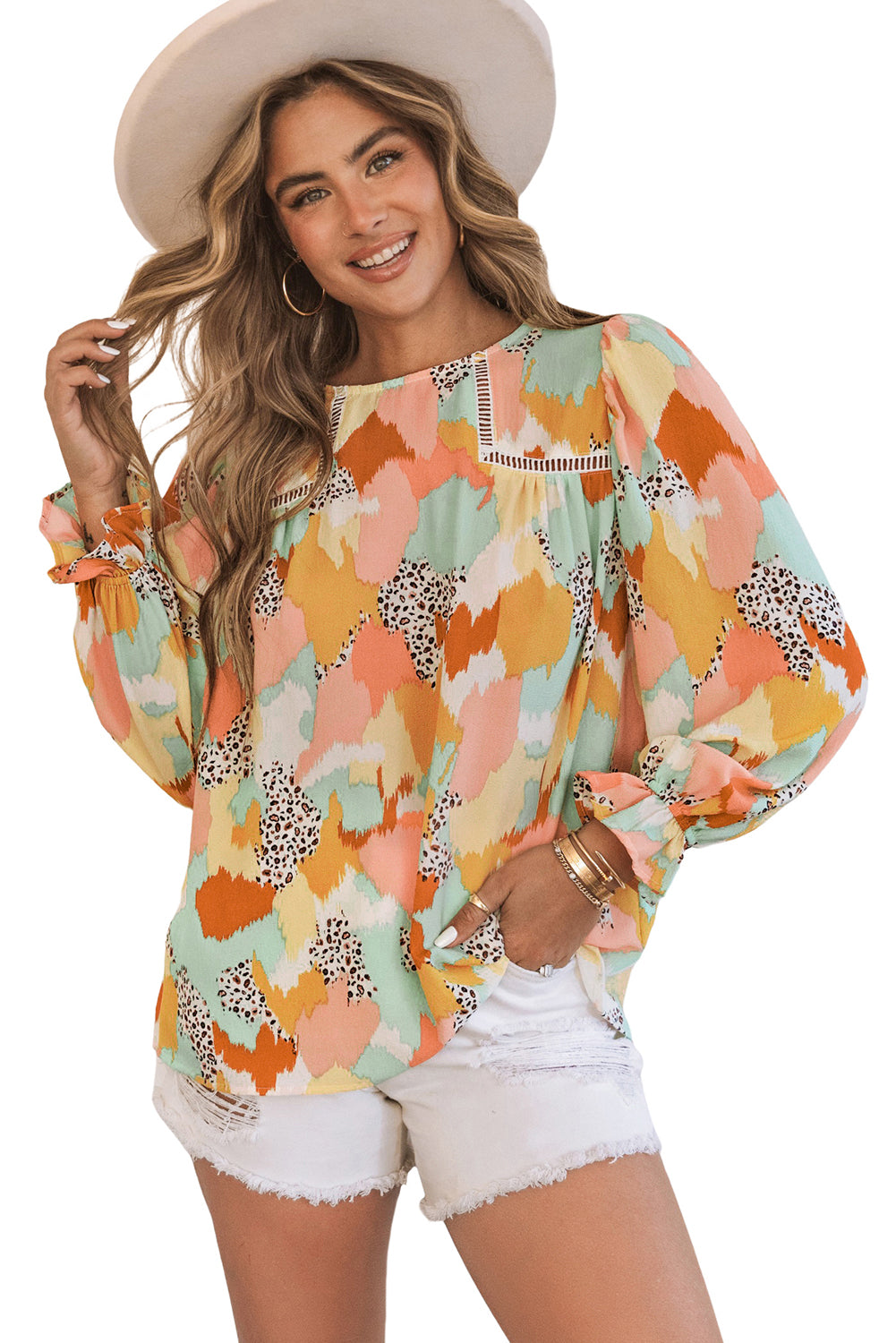 Multicolor Abstract Print Boho Ruffle Long Sleeve Blouse