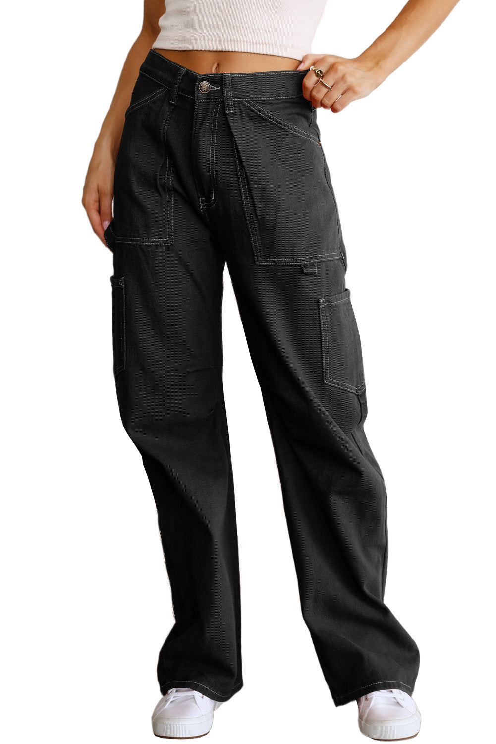 Black Denim Straight Leg High Waisted Cargo Pants