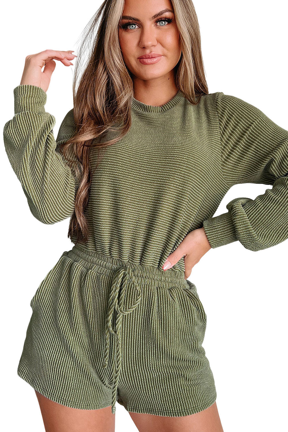 Pickle Green Corded Long Sleeve Pockets Drawstring Romper